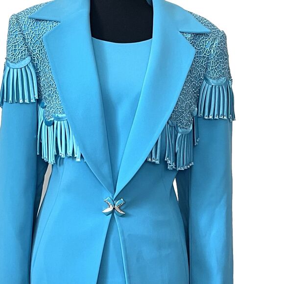 Champagne Italy 3-Piece Special Occasion Suit Blue Lace Fringe Rhinestone Jacket - Picture 3 of 7